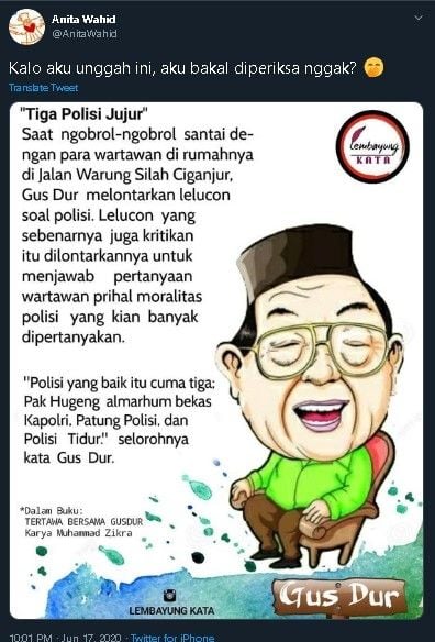 Pria Dibekuk Usai Unggah Humor Gus Dur Soal Polisi, Begini Reaksi Putri Gus Dur dan Warganet