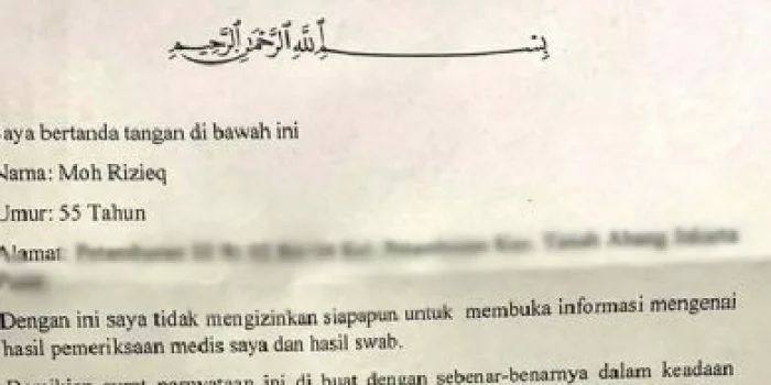 Ini Isi Surat Habib Rizieq ke Bima Arya Minta Hasil Swab Dirahasiakan