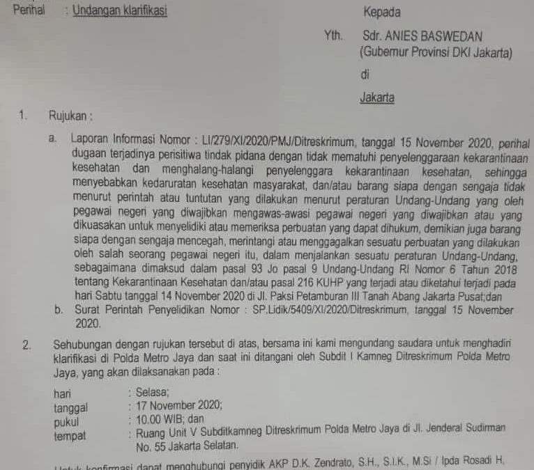 Polda Metro Jaya Panggil Anies Selasa Besok, Klarifikasi Acara Rizieq Shihab