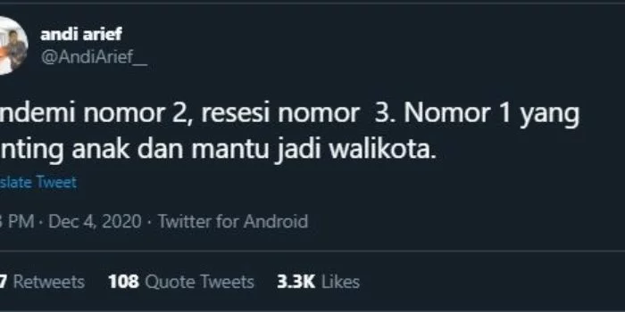 Sindir Jokowi, Andi Arief Demokrat: Pandemi Nomor 2, Resesi Nomor 3, Nomor 1 Anak Mantu Jadi Walikota