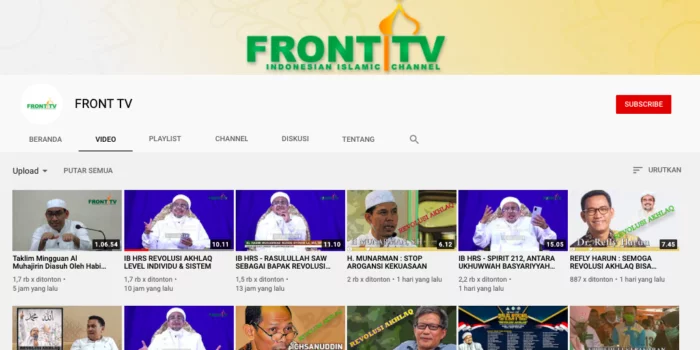 Tangkapan layar Channel Front TV salah satu akun media sosial milik FPI di YouTube kini hadir kembali setelah 'dilenyapkan' beberapa jam. Hilangnya akun tersebut banyak menuai reaksi.* /Youtube @FronTV