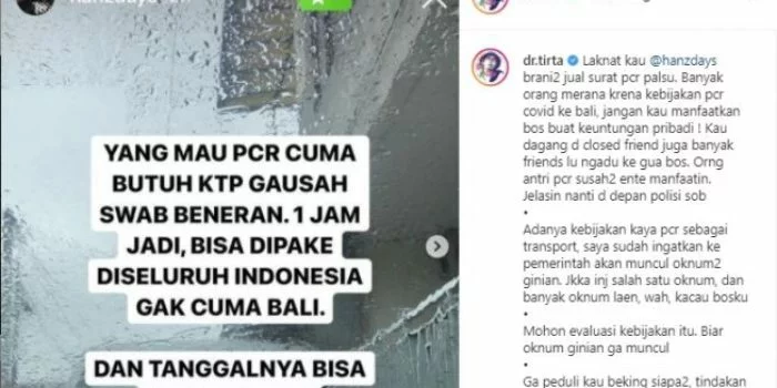 Dokter Tirta Bongkar Penjualan Surat Swab PCR Palsu