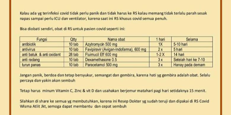 Heboh Resep Azytromycin, Favipiravir Digunakan Dokter di Wisma Atlet Sembuhkan Pasien COVID-19, Faktanya?