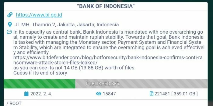 35 Persen Data Internal Bank Indonesia Diduga Dicuri Komplotan Ransomware Conti