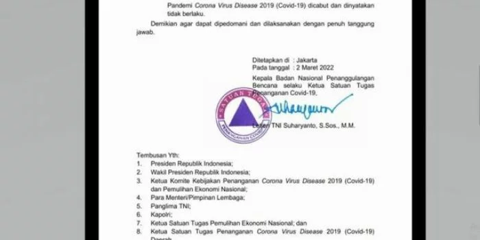 Beredar Potongan Surat Edaran Satgas Covid-19 Soal Pandemi Dicabut, Benarkah?