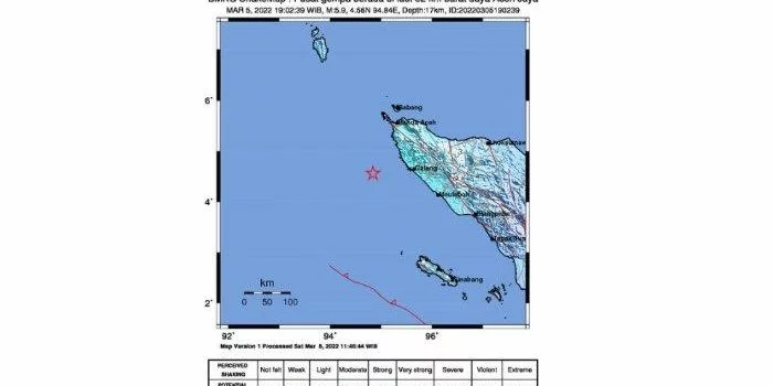 Gempa Magnitudo 5,9 Guncang Aceh Jaya