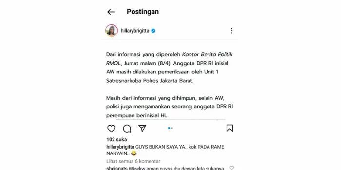 Inisial HL yang Diduga Tersangkut Narkoba Jenis Sabu, Hillary Brigitta Lasut: Bukan Saya Ya, Kok Pada Rame