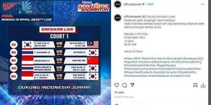 Live Streaming TV Online Final Korea Open 2022, Berikut Jadwal Final Hari Ini: Ada 2 Wakil Indonesia Tampil