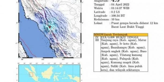 Gempa Guncang Bukittinggi Magnitudo 4,5 di Awal Ramadhan