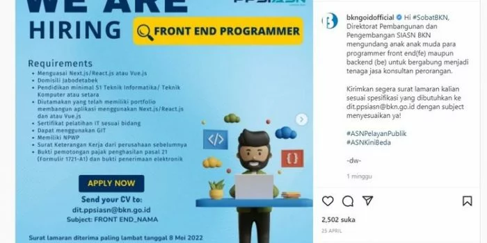 Dibuka hingga 8 Mei, BKN Buka Lowongan Kerja, Berikut Kualifikasi dan Cara Daftarnya