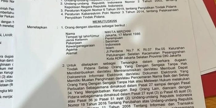 Beredar Surat Penetapan Tersangka Nikita Mirzani, Begini Tanggapan Polisi