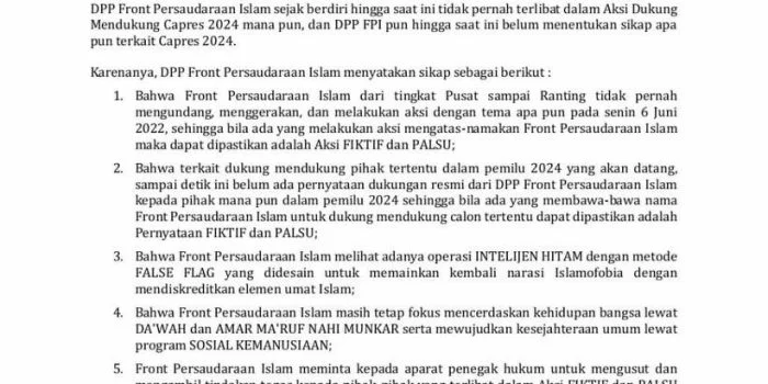 Ada Gerakan Intelijen yang Berbahaya, Begini Pernyataan Front Persaudaraan Islam