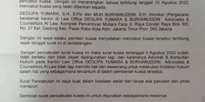 Berikut Isi Surat Pencabutan Kuasa Terhadap Pengacara Deolipa Yumara dan Muhammad Burhanuddin