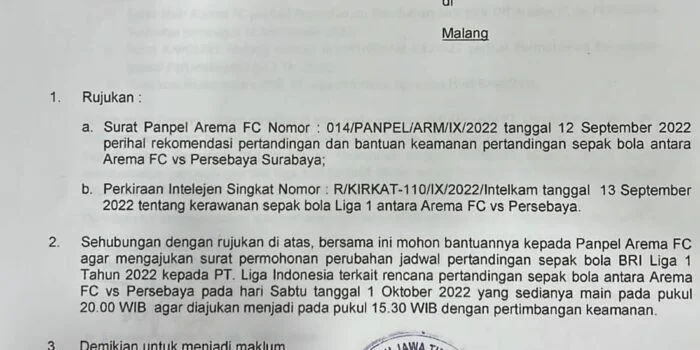 Polisi Sudah Ingatkan Kerawanan Laga dan Ajukan Percepatan Tetapi Ditolak, Ini Bukti Suratnya