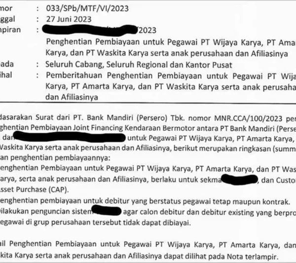 Beredar Surat Bank Mandiri Minta Tak Ada Lagi Penyaluran Kredit Bagi Pegawai BUMN Karya