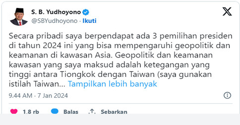 Bakal Pengaruhi Geopolitik dan Keamanan di Kawasan Asia, SBY: Pilpres di Indonesia Sama Penting dengan Pilpres di Taiwan dan Amerika Serikat