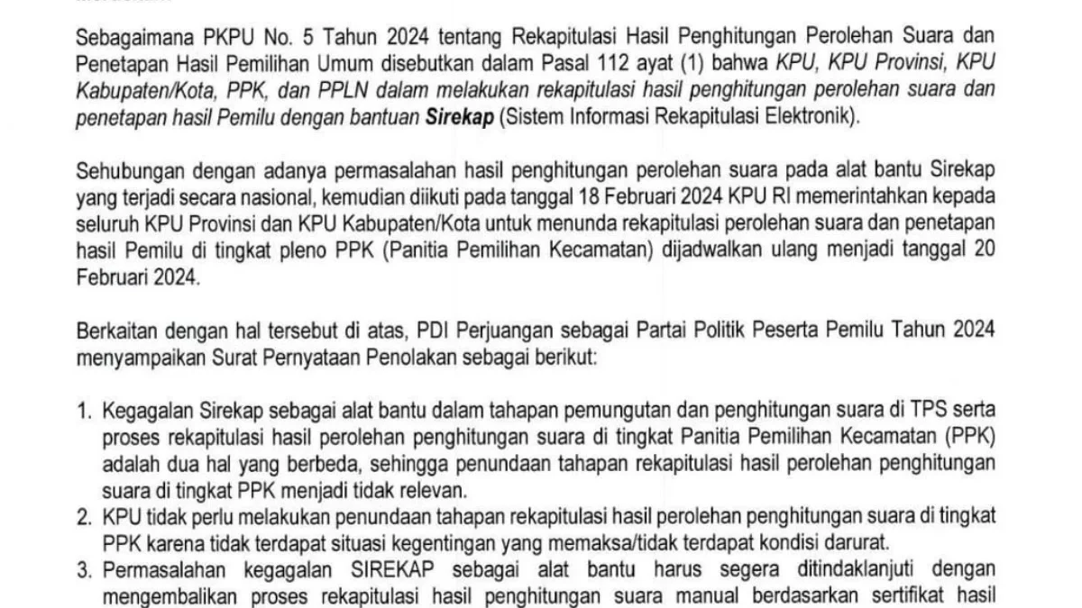 PDIP Resmi Tolak Sirekap KPU, Berikut Isi Lengkap Pernyataan Penolakan