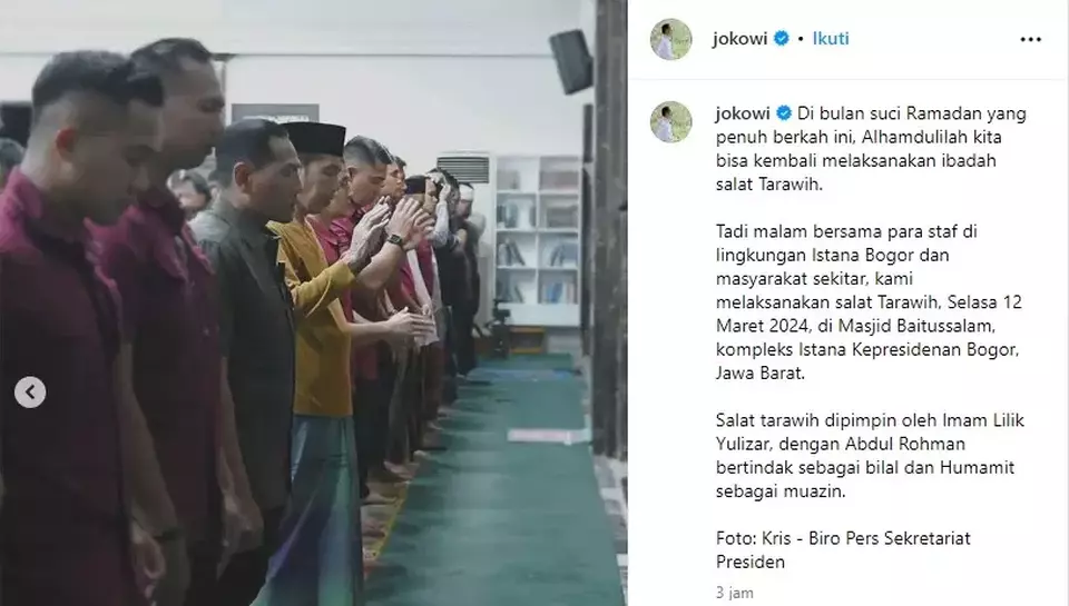 Akun Instragram Resmi Jokowi Unggah Salat Tarawih Pertama Ramadan di Istana Kepresidenan Bogor