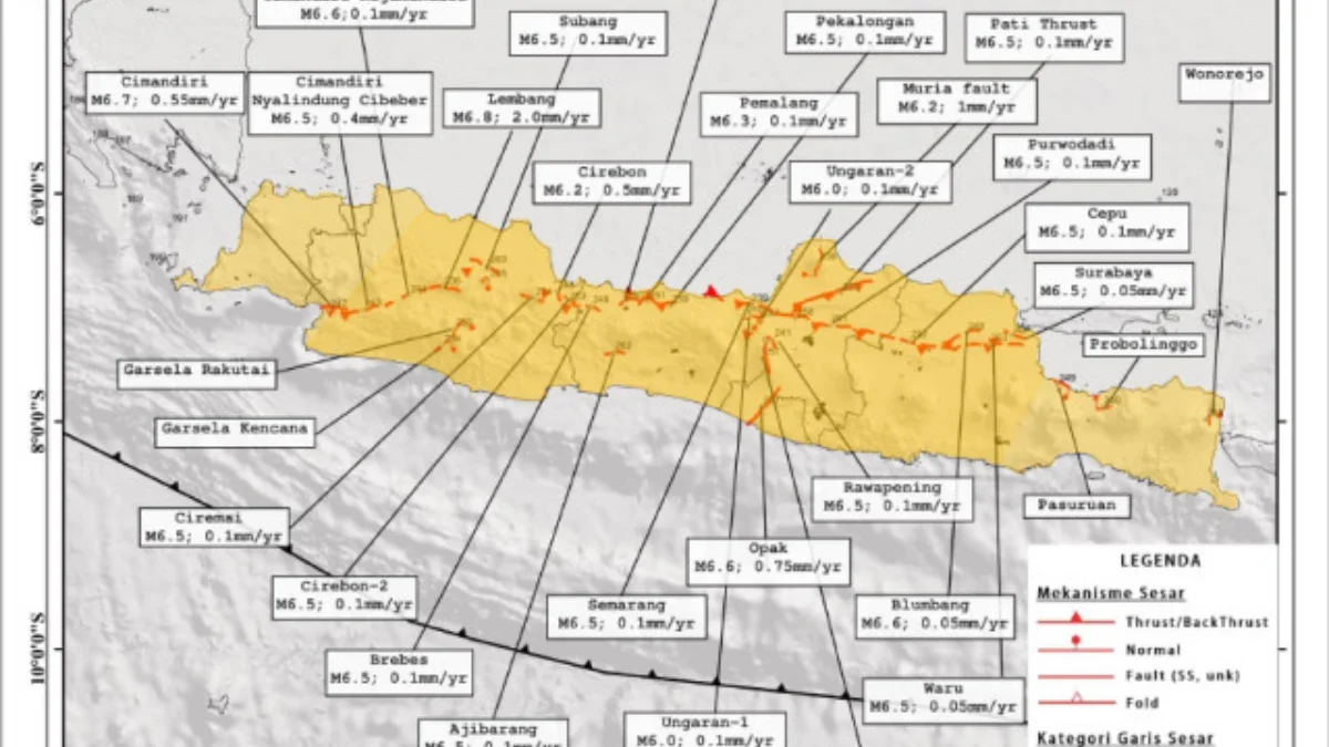 Sebaran sesar aktif di Pulau Jawa yang berjumlah 31 sesar aktif. Sumber: Buku PuSGeN 2017
