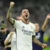 Pemain Real Madrid Joselu meluapkan kegembiraan setelah mencetak gol ke gawang Bayern Muenchen dalam laga semi