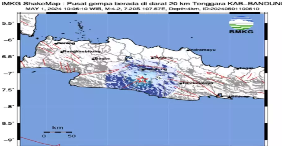 Gempa berkekuatan magnitudo 4,2 mengguncang Kabupaten Bandung, Jawa Barat. Badan Meteorologi, Klimatologi, dan