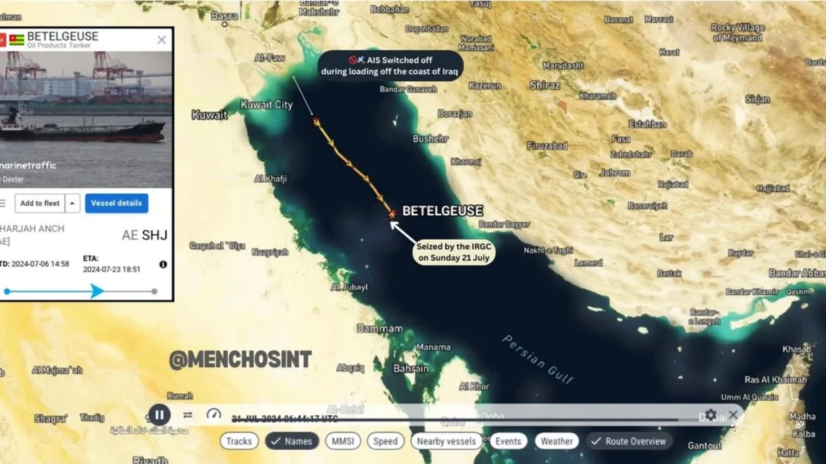 Korps Pengawal Revolusi Islam (IRGC) Iran telah mencegat kapal tanker produk \"BETELGEUSE\" berbendera Togo yang