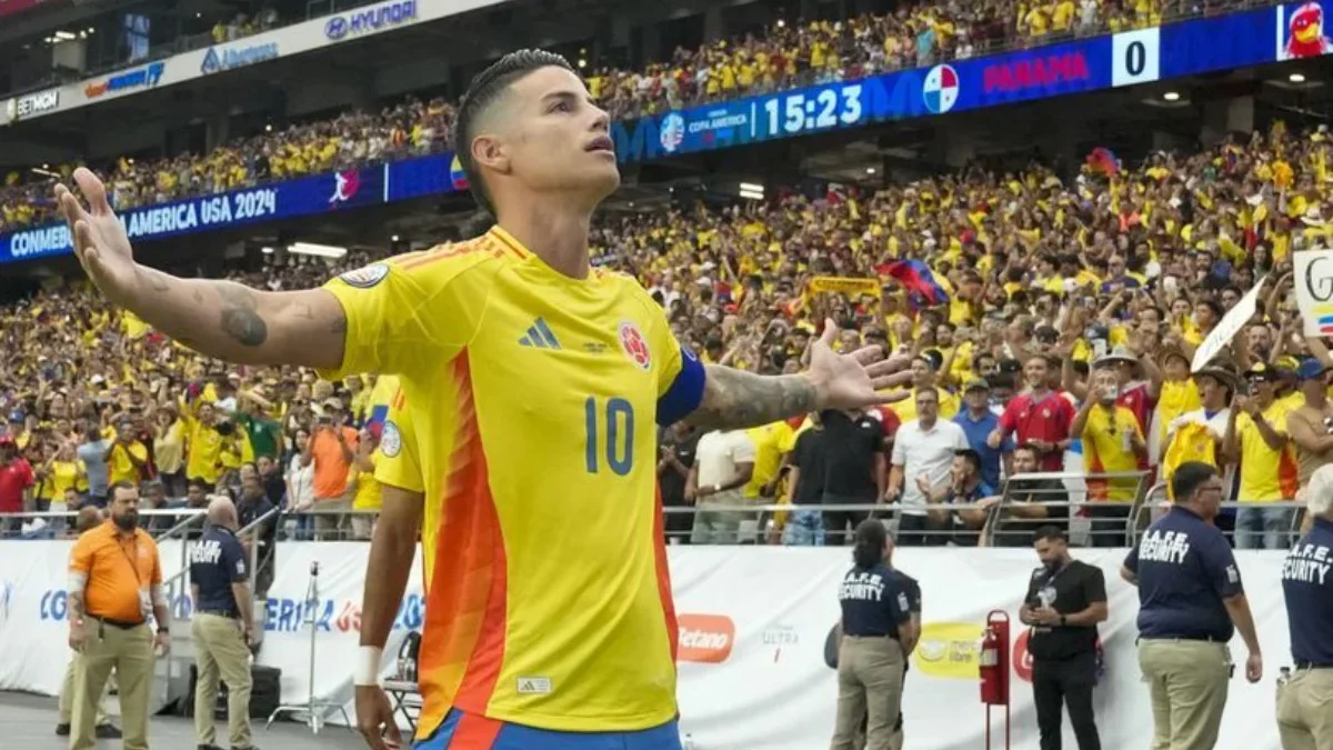 James Rodriguez usai mencetak gol pada laga Copa America 2024 antara Kolombia vs Panama (c) AP Photo/Rick Scut