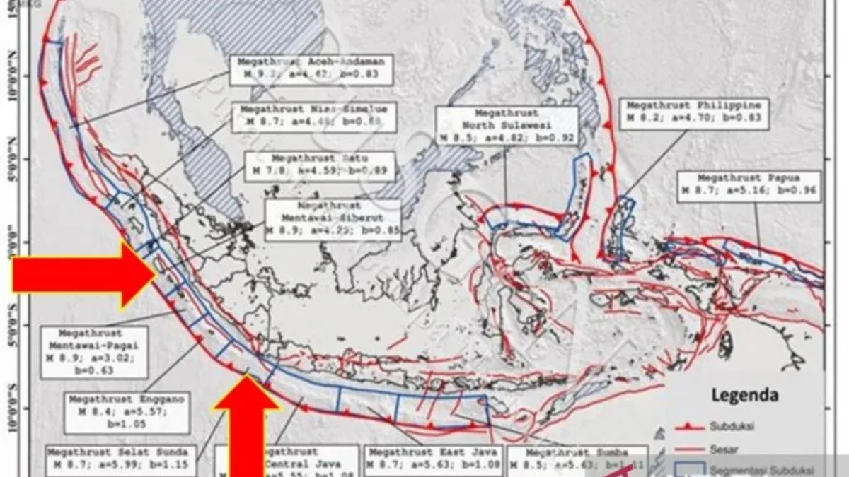 Peta zona Megathrust Mentawai, Megathrust Selat Sunda, dan zona megathrust lainnya di wilayah Indonesia (ANTAR