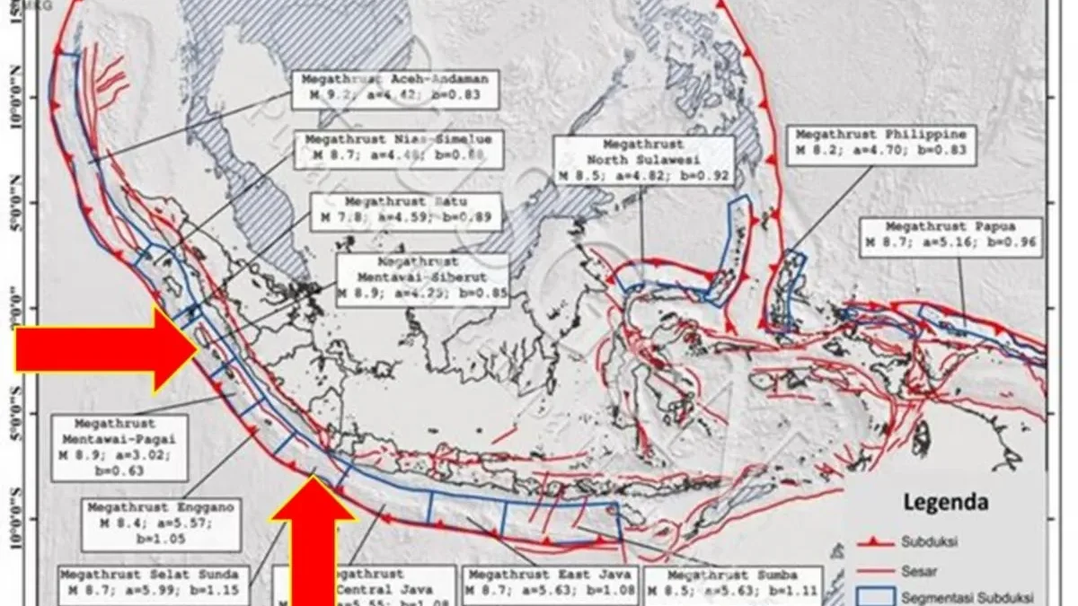 Peta zona megathrust Mentawai-Siberut, megathrust Selat Sunda, dan 11 zona megathrust lainnya di wilayah Indon