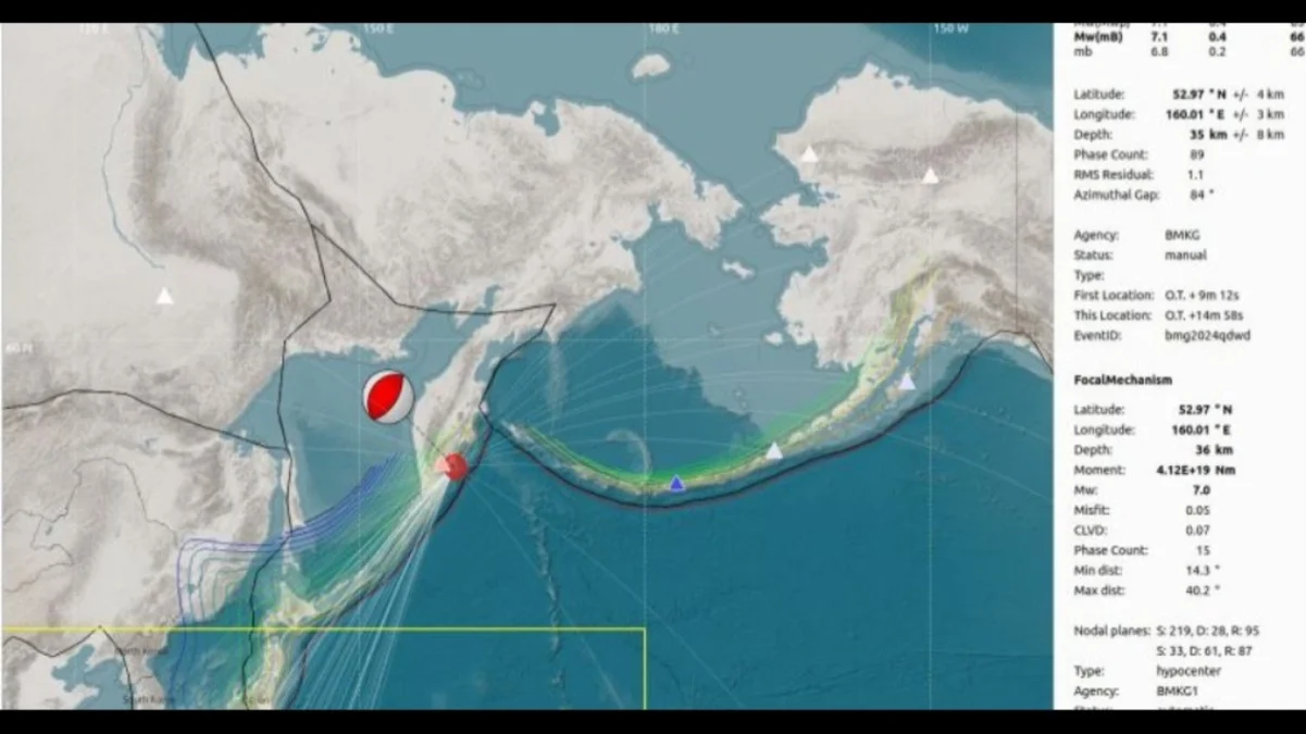 Peta pusat gempa bumi di Kamchatka, Rusia yang berkekuatan 7,0 magnitudo dan telah dimutakhirkan menjadi Mw7,1