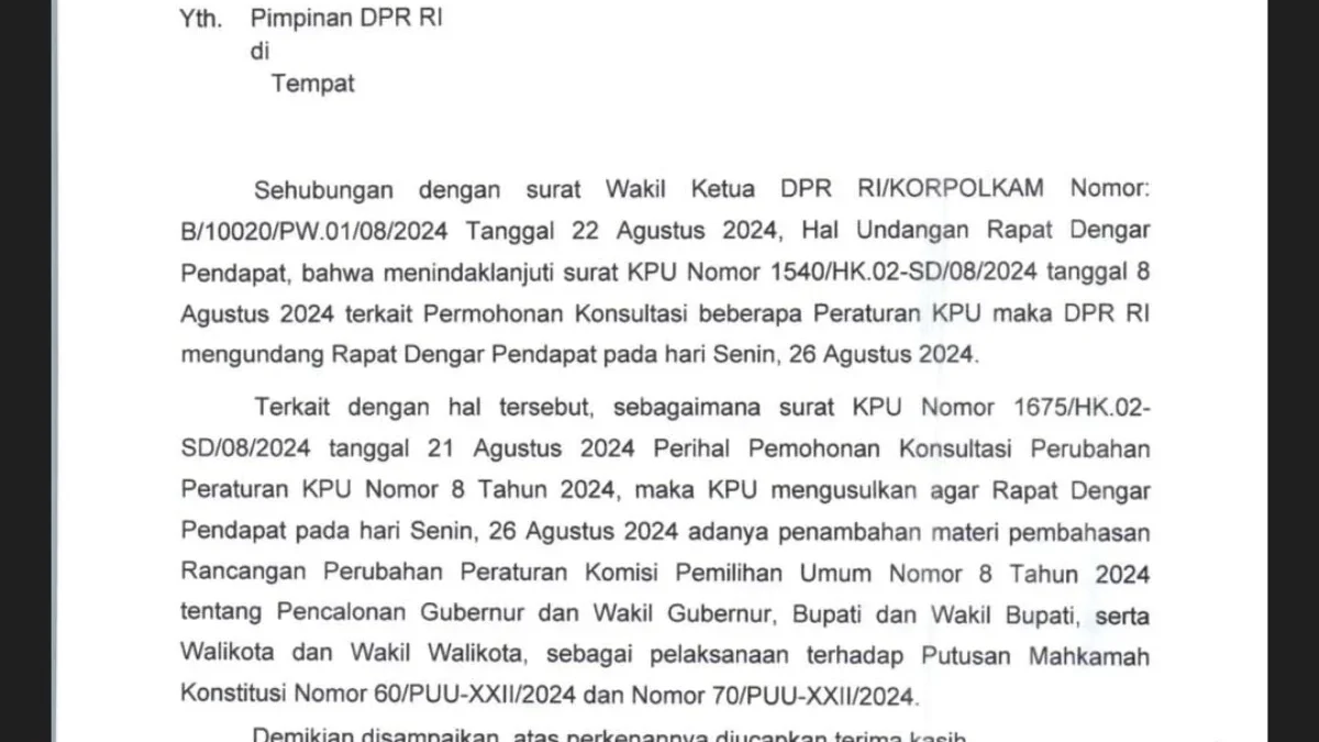 Beredar surat permohonan undangan Rapat Dengar Pendapat (RDP) dari Komisi II DPR kepada Komisi Pemilihan Umum