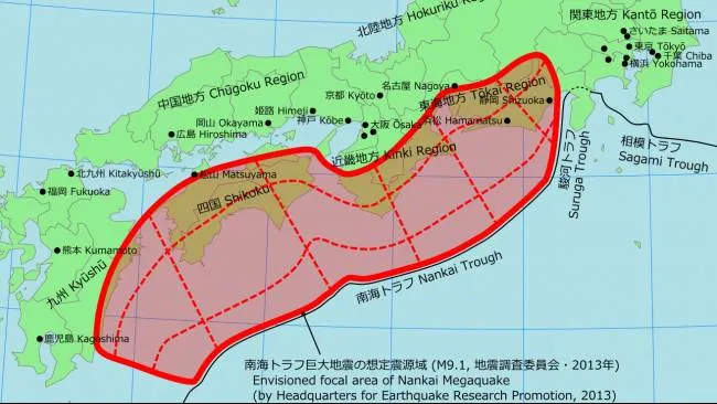 Peta potensi gempa dahsyat megaquake yang berujung tsunami Akbar dari Palung Nankai tahun 2013 (Sumber: HERP J