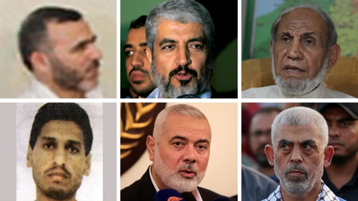 Searah jarum jam kiri atas: Marwan Issa; Khaled Meshaal; Mahmoud Zahar; Yehiya Sinwar; Ismail Haniyah; Muhamma