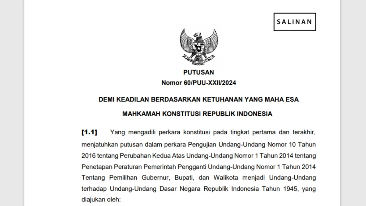 Putusan terhadap perkara nomor 60/PUU-XXII/2024 yang diajukan Partai Buruh dan Partai Gelora itu dibacakan dal