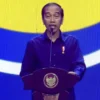 Presiden Joko Widodo berpidato saat pembukaan Kongres ke-III Partai Nasdem di Jakarta, Minggu (25/8/2024)