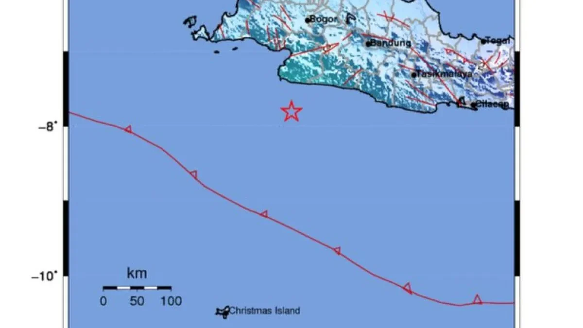 Lokasi gempa bumi M5,3 yang berpusat di Kabupaten Sukabumi, Jabar pada Minggu (15/9/2024). (BMKG)