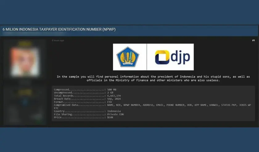 Ilustrasi dugaan kebocoran data Direktorat Jenderal Pajak (DJP) Kementerian Keuangan oleh Bjorka. Foto: CISSRe