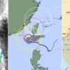 Perkiraan trek lintasan atau jalur Topan Krathon Zoom.earth (kiri), Badan Meteorologi Jepang (tengah) dan PAGA