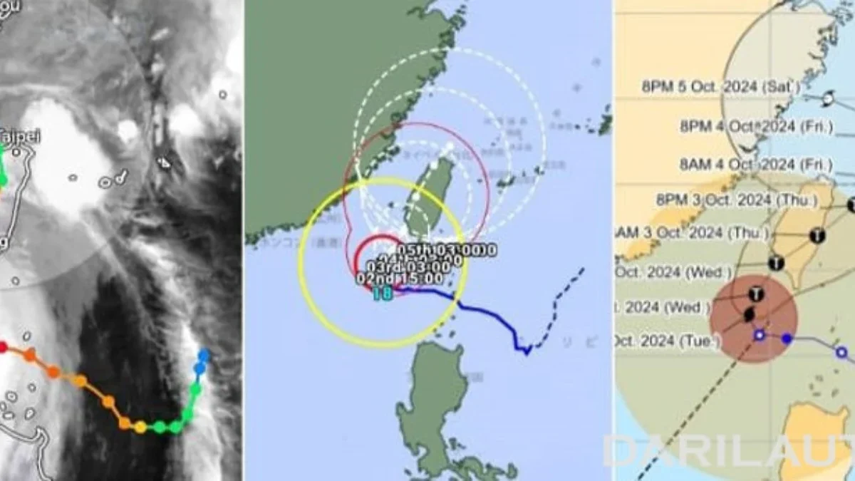 Perkiraan trek lintasan atau jalur Topan Krathon Zoom.earth (kiri), Badan Meteorologi Jepang (tengah) dan PAGA