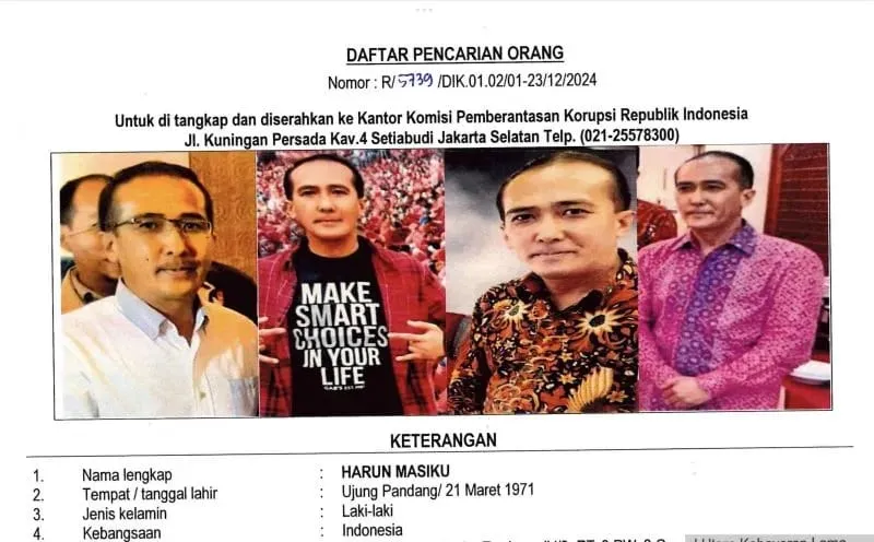 Surat Daftar Pencarian Orang (DPO) Harun Masiku 2020 dan 2024 (Repro KPK)