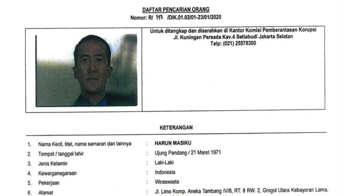 Surat Daftar Pencarian Orang (DPO) Harun Masiku 2020 dan 2024.