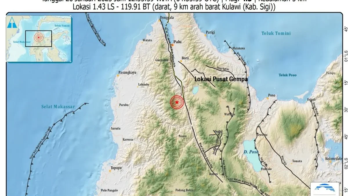 Peta gempa magnitudo 4,5 yang berpusat di wilayah Kulawi Kabupaten Sigi, Sulawesi Tengah pada Minggu (26/1/202