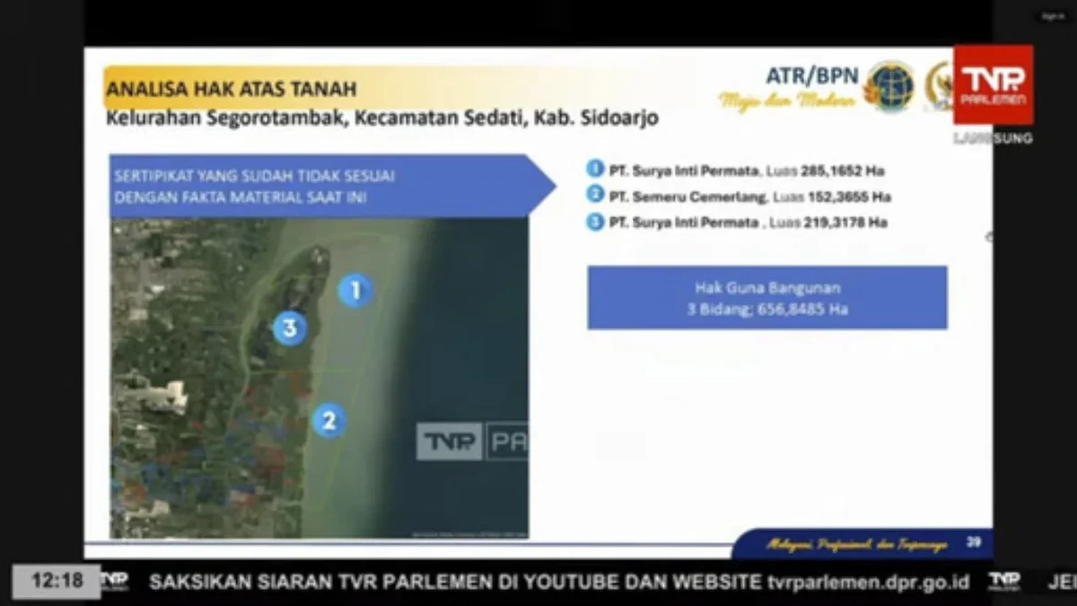 Wilayah laut yang terdapat sertifikat di kawasan Sidoarjo. Foto: Youtube/ TVR Parlemen