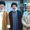 Pemimpin Tertinggi Ali Khamenei (Kiri), Sekretaris Jenderal Hassan Nasrallah (Tengah) dan Jenderal Qasem Solei