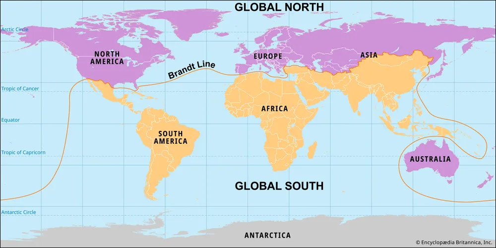 Peta Global Utara dan Global Selatan yang menunjukkan gambaran umum Global Utara dan Global Selatan, yang dipi