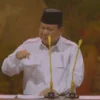 Presiden sekaligus Ketua Umum Partai Gerindra, Prabowo Subianto saat berpidato di HUT ke-17 Gerindra, Sentul,