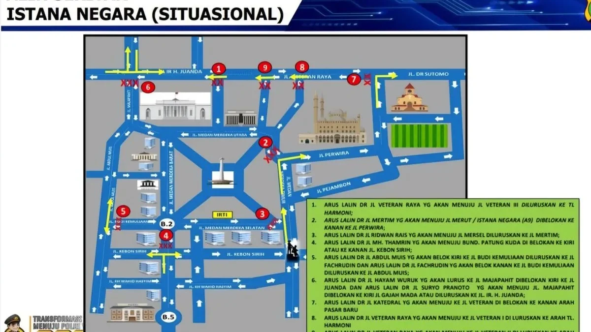 Denah rekayasa lalu lintas di sekitar kawasan Istana Negara saat pelantikan Kepala Daerah pada Kamis (20/2/202