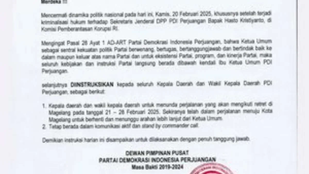 Tangkapan layar surat instruksi Ketua Umum PDI-P Megawati Soekarnoputri usai Sekretaris Jenderal PDI-P Hasto K