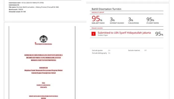 Hasil cek Turnitin disertasi Bahlil Lahadalia. (X/ IbrahimNiar )