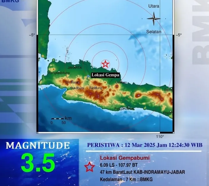 Infografis peta pusat gempa bumi tektonik yang mengguncang wilayah Kabupaten Indramayu Jawa barat Rabu 12 Mare